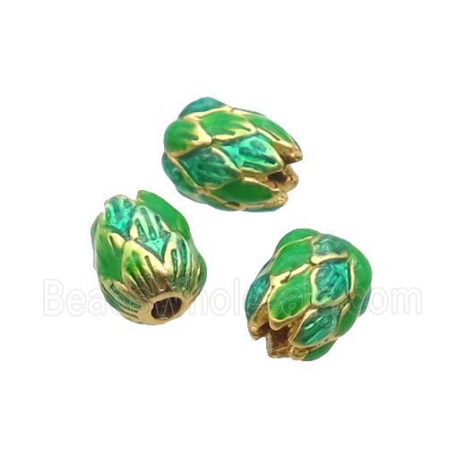 Alloy Tulip Flower Beads Green Enamel Gold Plated