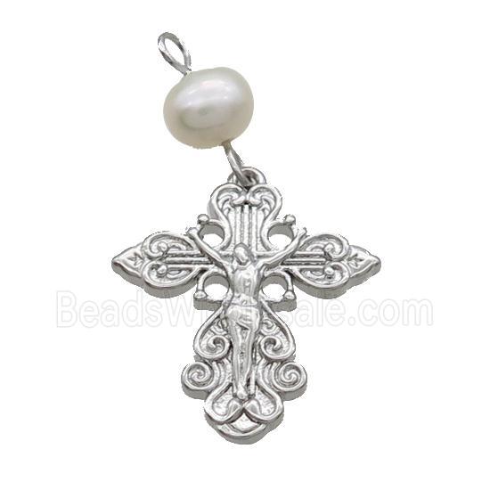 Copper Jesus Pendant With Pearl Religious Platinum Plated