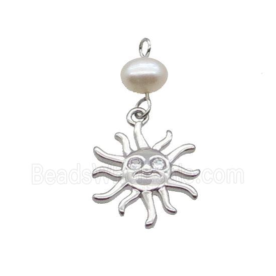 Copper Sun Pendant Pave Zircon With Pearl Platinum Plated