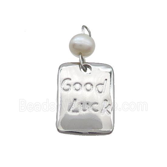 Copper Rectangle Pendant With Pearl Good Luck Platinum Plated