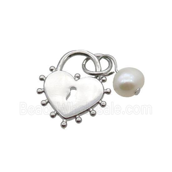Copper Lock Pendant With Pearl Heart Platinum Plated