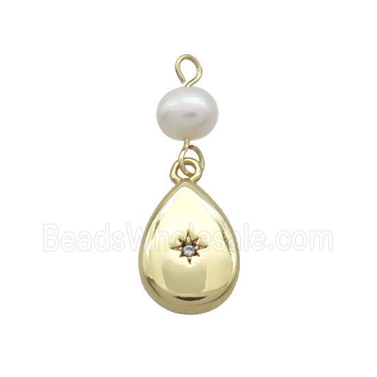 Copper Teardrop Pendant Pave Zircon With Pearl Gold Plated