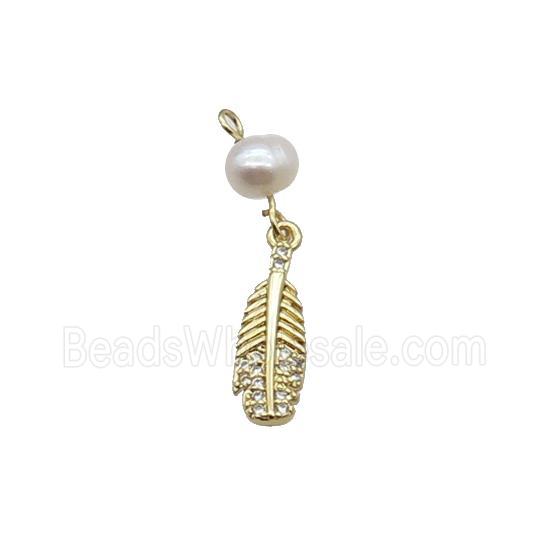 Copper Feather Pendant Pave Zircon With Pearl Gold Plated