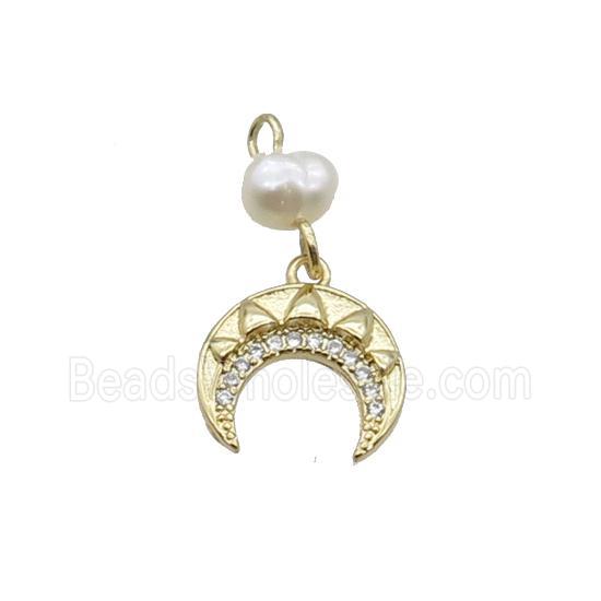 Copper Crescent Pendant Pave Zircon With Pearl Gold Plated