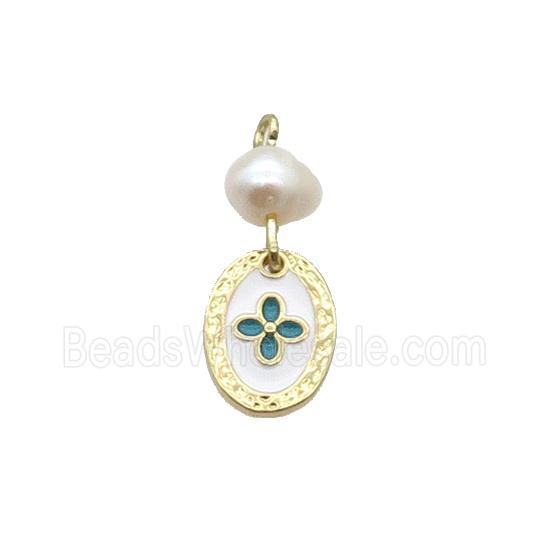 Copper Flower Pendant With Pearl White Enamel Oval Gold Plated
