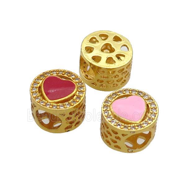 Copper Butter Beads Pave Zircon Mix Enamel Heart Large Hole Gold Plated