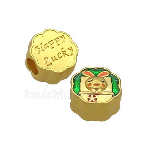 Copper Button Circle Beads Rabbit Green Enamel Large Hole Unfade Gold Plated