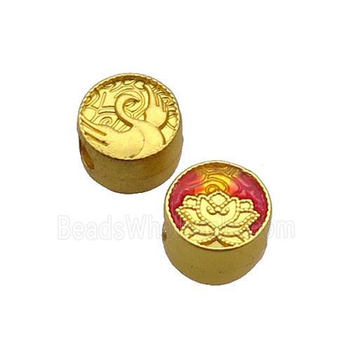 Copper Button Circle Beads Lotus Red Enamel Large Hole Unfade Gold Plated