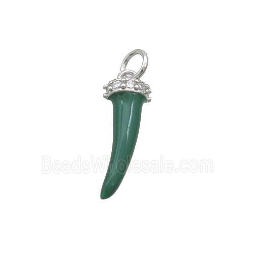 Copper Horn Pendant Green Enamel Platinum Plated