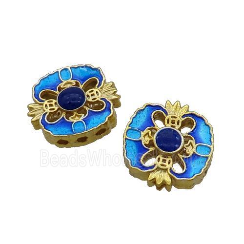 Copper Cloisonne Beads Square Blue 3holes Gold Plated