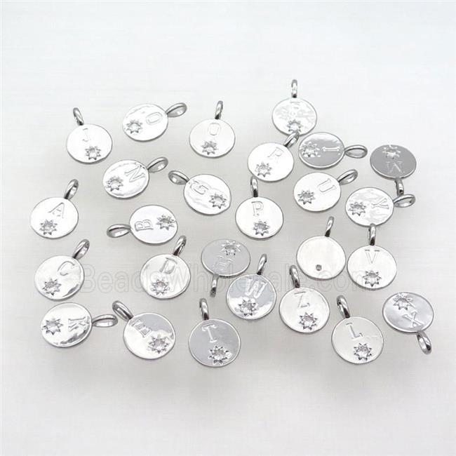 Copper Circle Pendant Pave Zircon Mix Letter Platinum Plated Alphabet