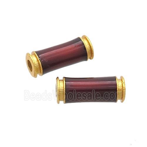 Copper Tube Beads DarkRed Enamel 18K Gold Plated