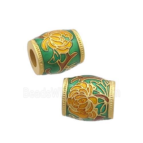 Copper Barrel Beads Green Cloisonne Flower Large Hole 18K Gold Plated