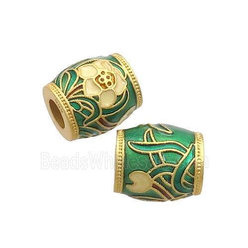 Copper Barrel Beads Green Cloisonne Flower Large Hole 18K Gold Plated
