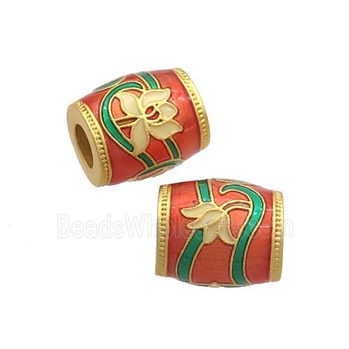 Copper Barrel Beads Red Cloisonne Flower Large Hole 18K Gold Plated