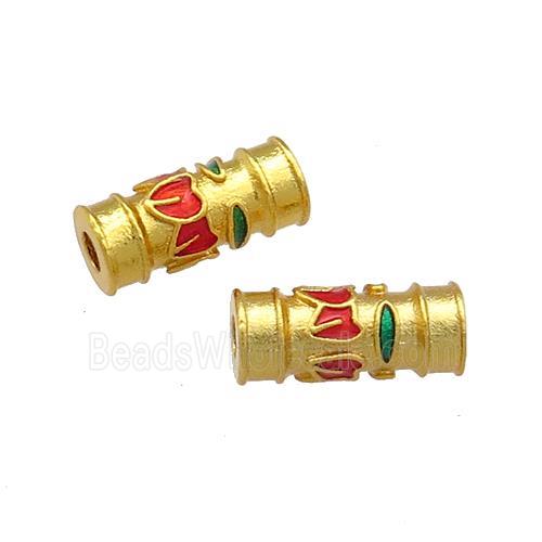 Copper Tube Beads Red Cloisonne 18K Gold Plated