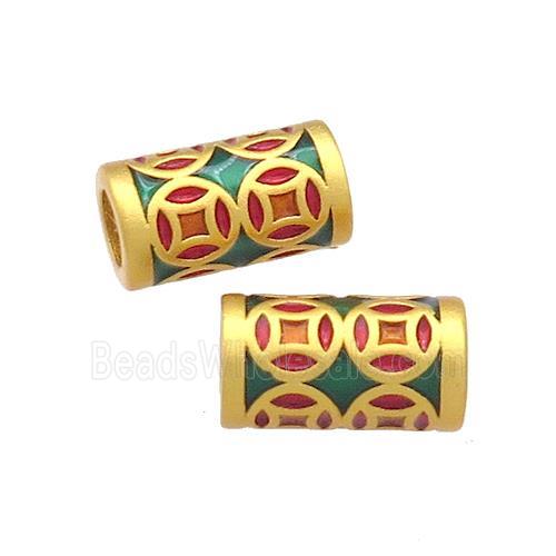 Copper Tube Beads Green Red Cloisonne Large Hole 18K Gold Plated