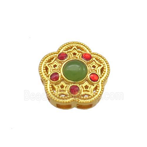 Copper Flower Beads Pave Jadeite Glass 18K Gold Plated