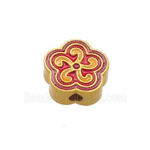 Copper Flower Beads Red Yellow Cloisonne 18K Gold Plated