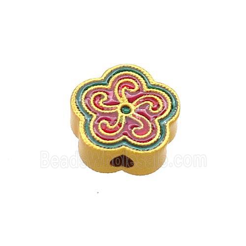 Copper Flower Beads Red Green Cloisonne 18K Gold Plated