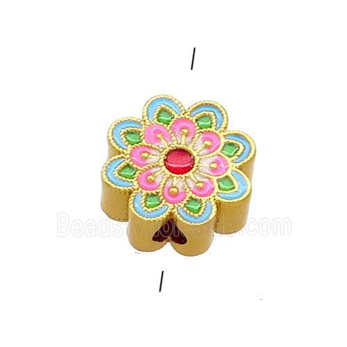 Copper Flower Beads Green Pink Cloisonne 18K Gold Plated