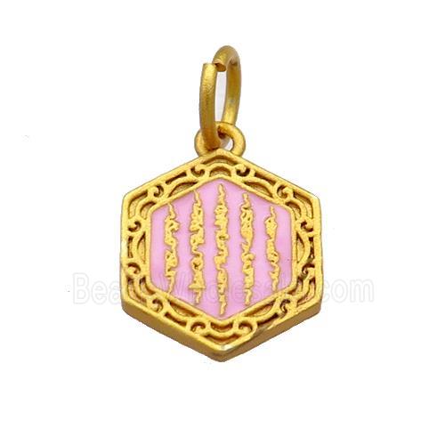 Copper Hexagon Pendant Pink Cloisonne Buddhist 18K Gold Plated