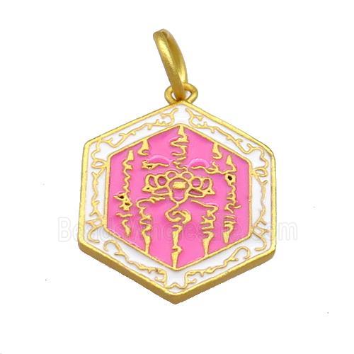 Copper Hexagon Pendant Hotpink Cloisonne Buddhist 18K Gold Plated
