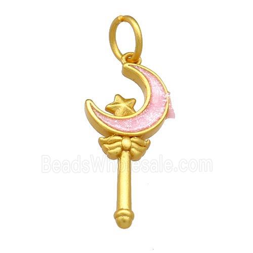 Copper Pendant Star Moon Wand Pink Cloisonne 18K Gold Plated