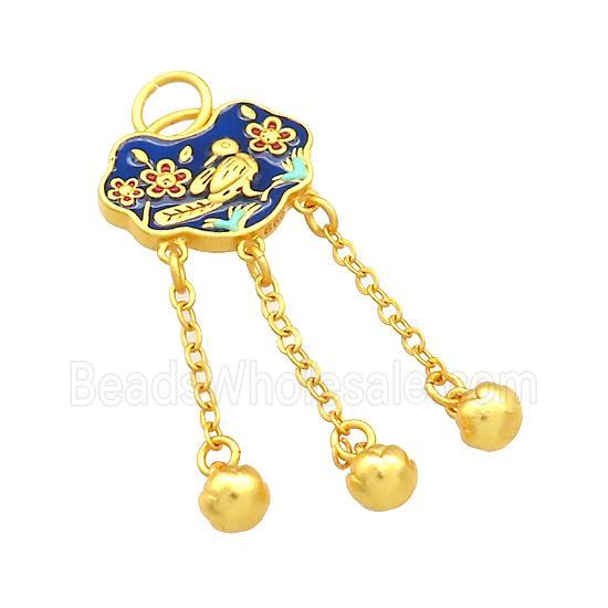 Copper Talisman Pendant Flower Bird Blue Cloisonne 18K Gold Plated