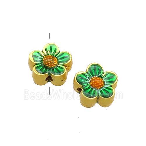 Copper Flower Beads Green Painted Gold Plated