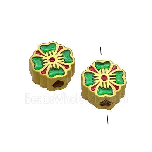 Copper Flower Beads Green Painted Gold Plated