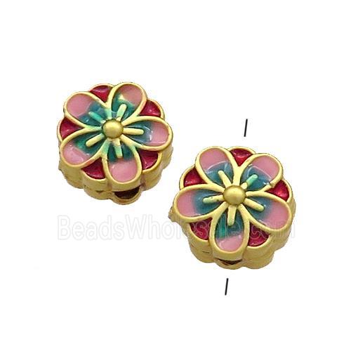 Copper Flower Beads Pink Painted Gold Plated