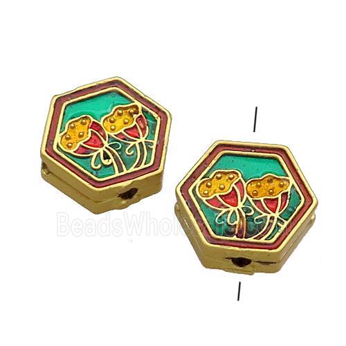 Copper Hexagon Beads Multicolor Painted Flower Gold Plated