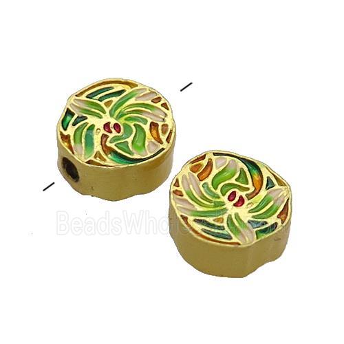 Copper Flower Beads Green Painted Gold Plated