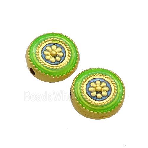 Copper Coin Beads Flower Green Painted Gold Plated