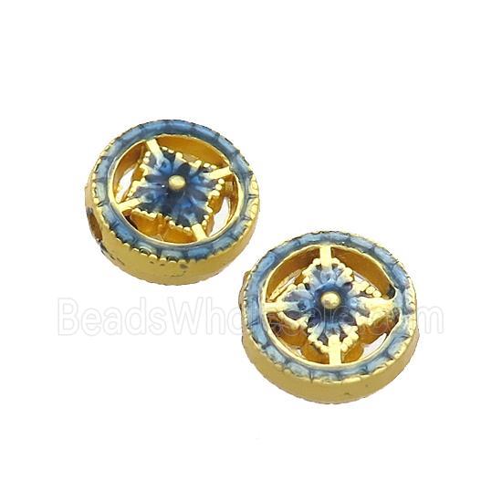 Copper Coin Beads Blue Painted Gold Plated