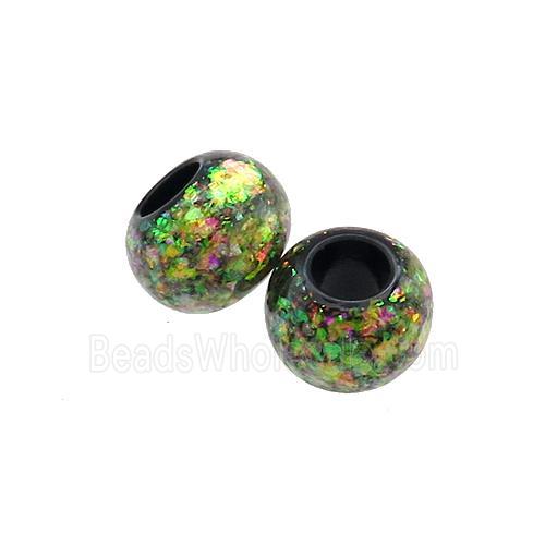 Black Resin Rondelle Beads Pave Green Fire Opal Large Hole Smooth