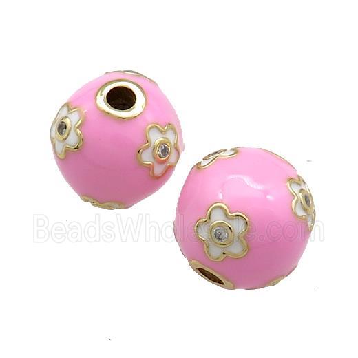 Copper Round Beads Pave Zircon Pink Enamel 18K Gold Plated