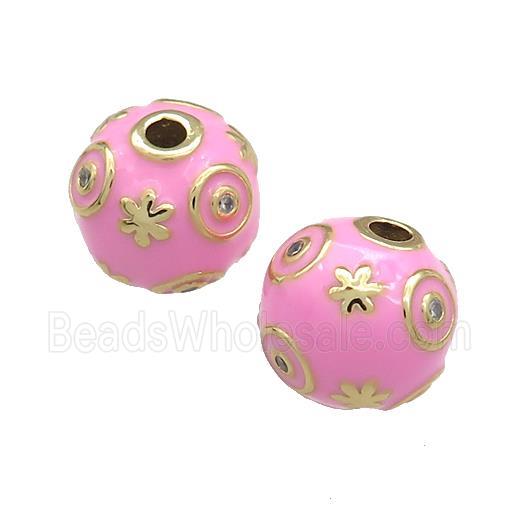 Copper Round Beads Pave Zircon Pink Enamel 18K Gold Plated