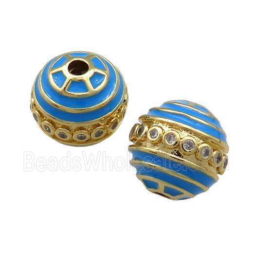 Copper Round Beads Pave Zircon Blue Enamel 18K Gold Plated