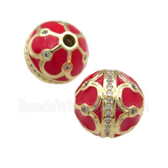 Copper Round Beads Pave Zircon Red Enamel 18K Gold Plated