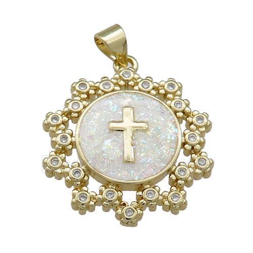 Copper Circle Pendant Pave Fire Opal Zircon Cross 18K Gold