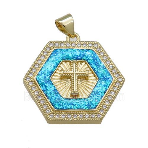 Copper Hexagon Pendant Pave Fire Opal Zircon Cross 18K Gold Plated