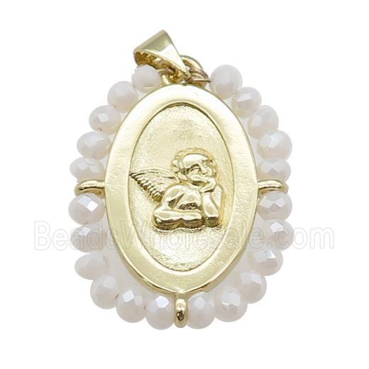 Copper Angel Pendant With White Crystal Glass Wire Wrapped Oval Gold Plated