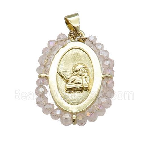 Copper Angel Pendant With Crystal Glass Wire Wrapped Oval Gold Plated