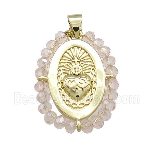 Sacred Heart Charms Copper Oval Pendant With Crystal Glass Wire Wrapped Gold Plated