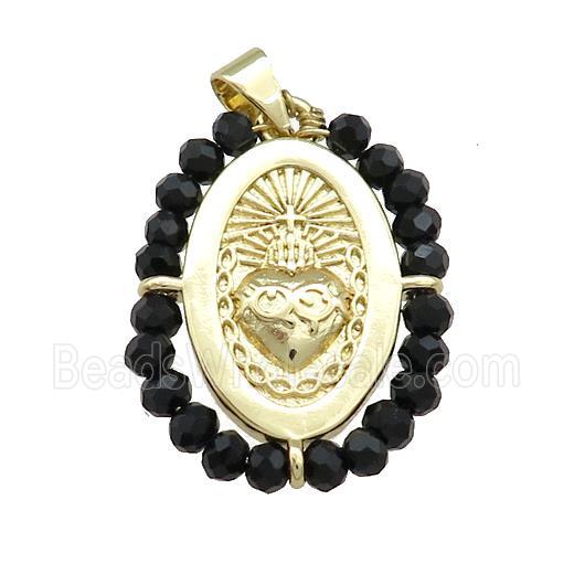 Sacred Heart Charms Copper Oval Pendant With Black Crystal Glass Wire Wrapped Gold Plated