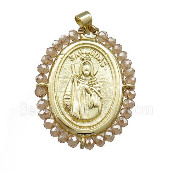 Saint Jude Charms Copper Medal Pendant With Crystal Glass Wire Wrapped Oval Gold Plated