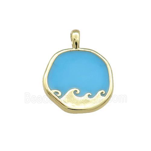 Copper Circle Pendant Surf Blue Enamel Gold Plated