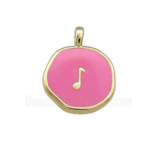 Copper Circle Pendant Musical Note Symbols Pink Enamel Gold Plated